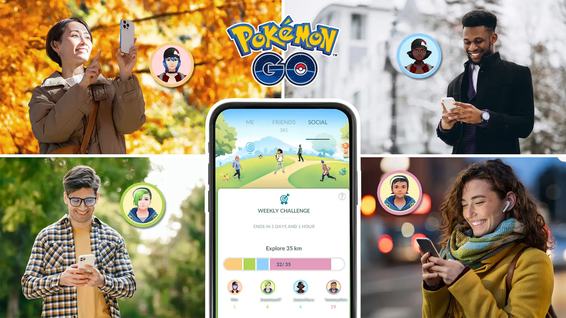 圖1-《Pokémon GO》推出全新內容「週間大挑戰」，能與世界各地的人組成4人小組進行各種挑戰。