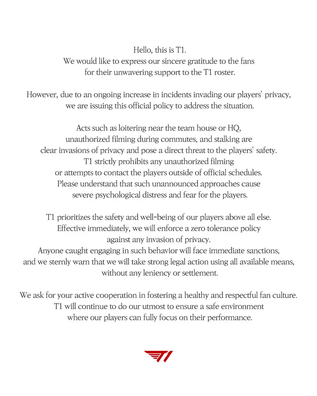 《英雄聯盟》打擊私生飯 T1 官方發文警告任何侵犯隊員隱私行為將採取法律制裁！