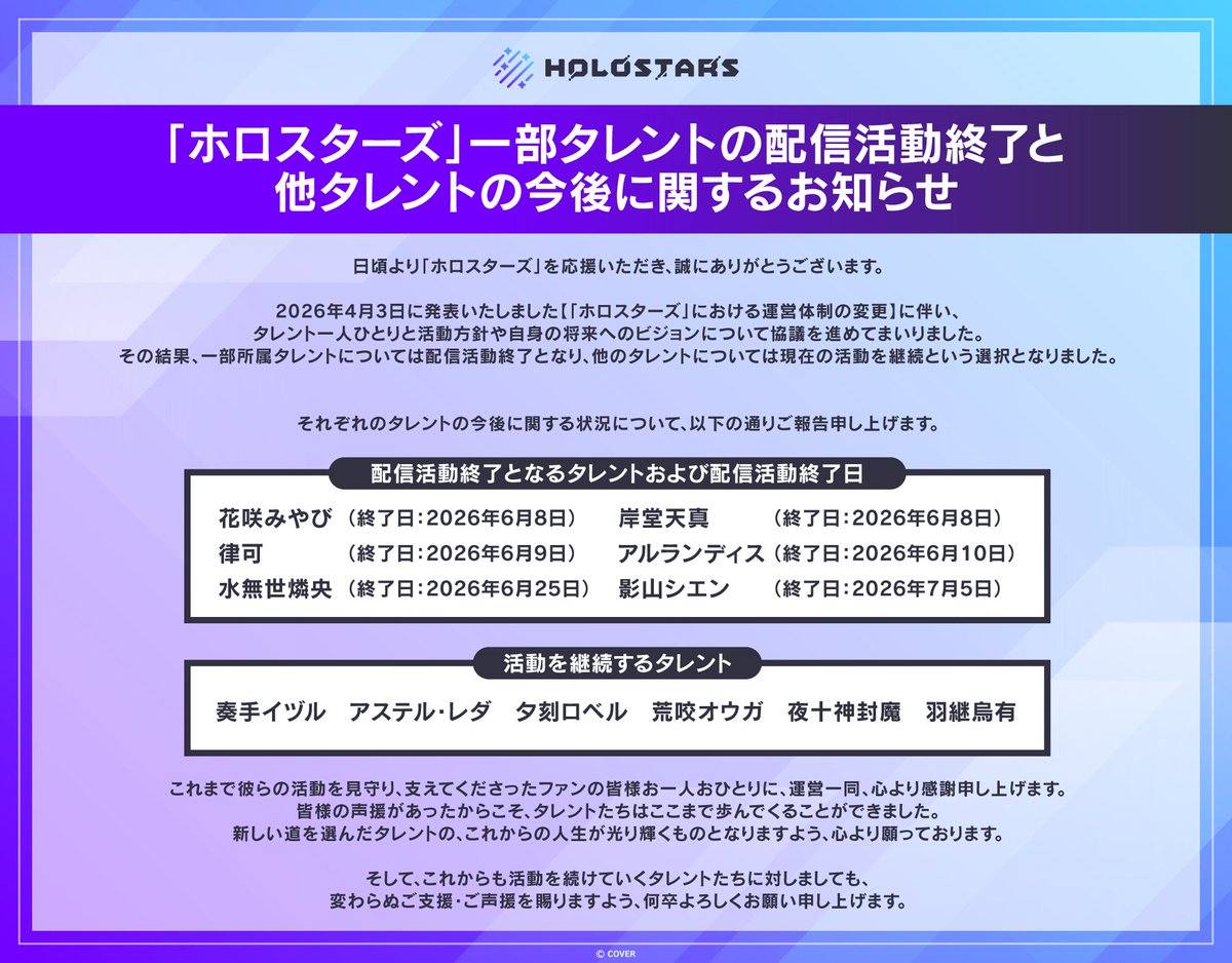 受體制重組影響, COVER 宣布「 HOLOSTARS」成員阿爾蘭蒂斯、影山紫炎等六名 Vtuber 將陸續結束活動