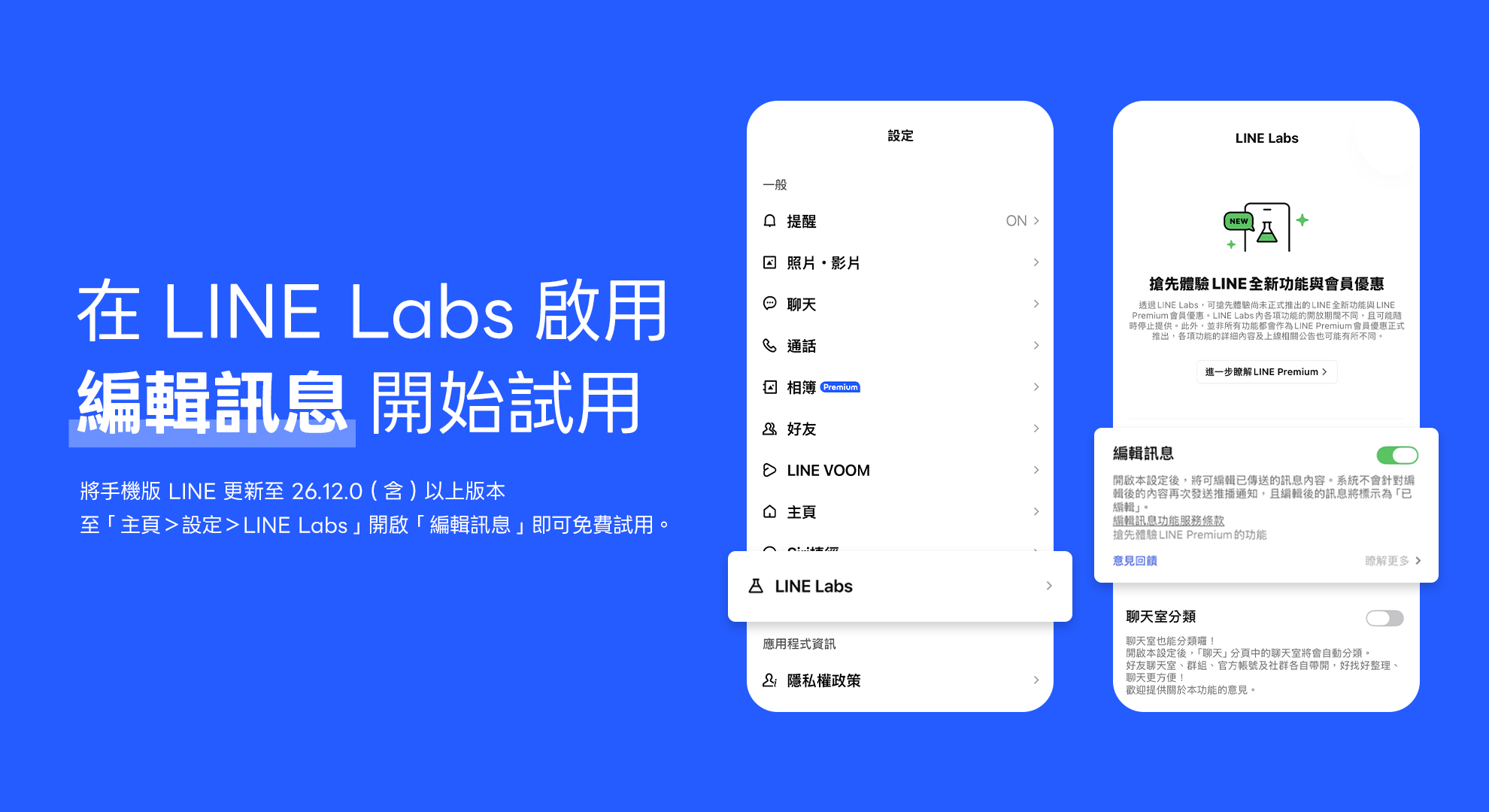 LINE Premium「編輯訊息」功能於LINE Labs開放免費試用一對一及群組聊天室時限內可編輯，免費試用結束後將轉為會員專屬功能