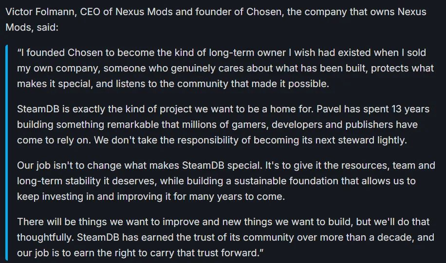 第三方遊戲追蹤數據網站 SteamDB 宣布將被模組平台 Nexus Mods 正式收購